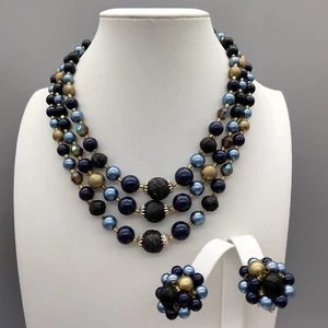 Mid Century Modern Japan Layered Necklace 16" Cluster Clip On Earring Set VTG - Picture 1 of 12