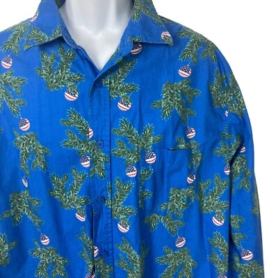 Vintage Christmas Shirt Mens XL Blue American Flag Ornaments Patriotic Cotton - Image 1 of 4