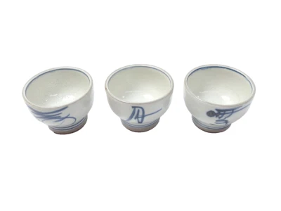 Japanese antique vintage Mino white & blue pottery Guinomi Sake cup 3pcs chacha - Image 1 of 4