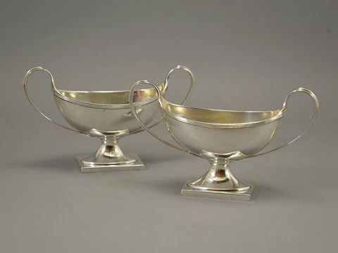 WH Haseler Ltd Sterling Silver Salt Cellars Navette Form Pedestal Edwardian Cover