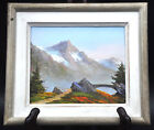 Tableau signé Astrid WALFORD paysage de montagne pont glacier  huile/bois