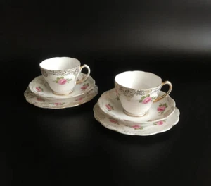 Vintage 1960's Roslyn Pink Rose Pattern Tea Cup, Saucer & Plate Trio x 2 - Picture 1 of 7