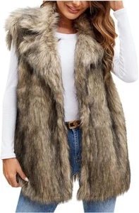 Damen Braun Kunstfell Elegant Ärmellos Winter Warm Bomber Plüsch Weste Gr. M - Bild 1 von 6