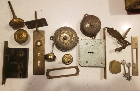 Antique Bronze Connells Corlin Door Bell Lock Set Knob Thumb Latch Keys Etc L@@K Cover
