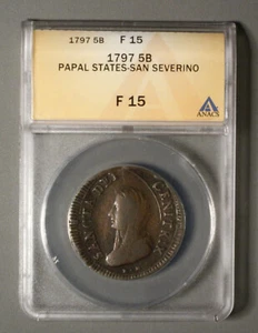 1797 Italy Papal States SAN SEVERINO 5 Baiocchi C#72 ANACS F15 - Picture 1 of 4
