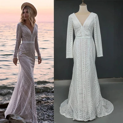 Boho Mermaid Wedding Dresses V-Neck Long Sleeves Lace Appliques Bridal Gowns - Image 1 of 4