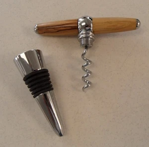 NEW! Zebrawood Wood & Chrome Wine Bottle Stopper Operner Corkscrew Combo Barware - Picture 1 of 2