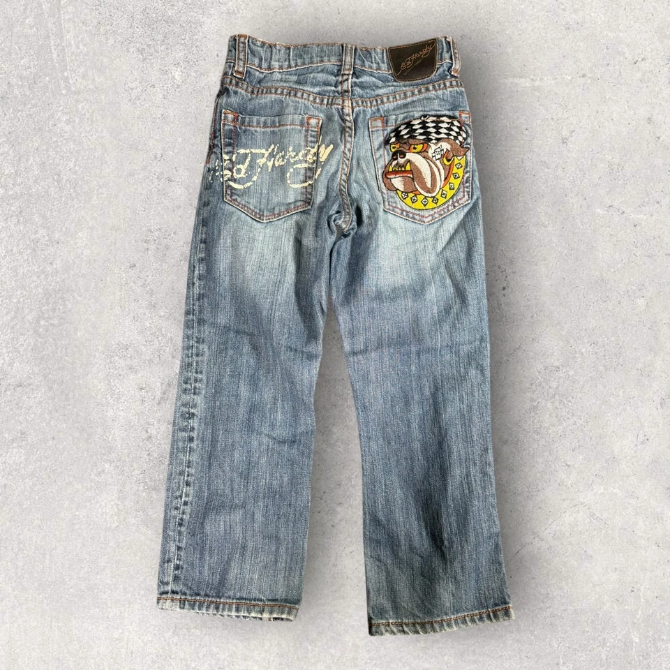 Pantalones de mezclilla bordados vintage Y2K Ed Hardy Christian Audiger juvenil talla 6 Foto 1 de 4