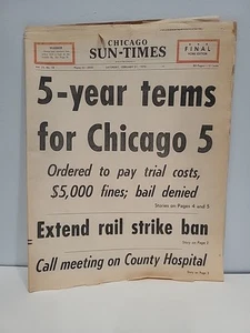 Gran Chicago Seven DNC Juicio Veredicto Titular 1970 Periódico Antiguo "Términos de 5 años" - Imagen 1 de 4