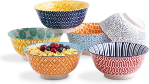 Porcelain 20Oz Cereal Bowl Set - Set of 6, 6" Soup Ceramic Bowls Assorted Colors - Picture 1 of 12
