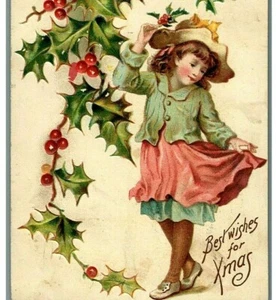 Pretty Girl Floppy Hat Pink Green Dress Dancing Holly Berry Christmas Xmas 5516 - Picture 1 of 3