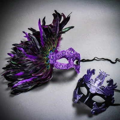 Venetian Couple Party Men Emperor Eye Mask & Women Side Feather Red Face Mask - Image 1 of 3