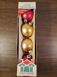 4 Vintage Holly House 3.5 inch Glass Christmas Ornaments Red Gold - Picture 1 of 8