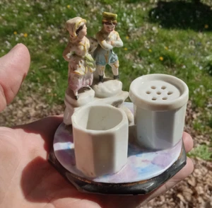 1840s STAFFORDSHIRE INKWELL SET WITH SANDER SLAVIC MAN & WOMAN FIGURES - Picture 1 of 10