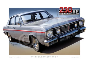 XT GT Falcon Print - Classic 1968 Ford XT GT Car Drawing in 7 Stunning Colours - Picture 1 of 11