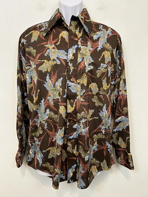 Camisa discoteca vintage Sutton Place para hombre talla mediana años 70’s semi transparente marrón floral Foto 1 de 4