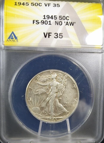 1945 WALKING LIBERTY HALVE FS-901 NO "AW"  INTIALS VF35 - 7539599 Cover