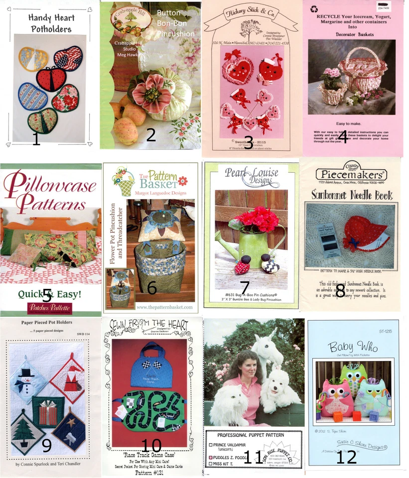 CHOICE: Sewing Craft Patterns Instruction Packs Potholder Pincushion Toys Puppet - Image 1 of 1