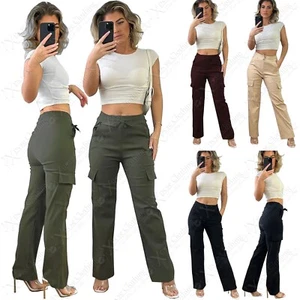 WOMEN STRAIGHT LEG DENIM CARGO TROUSERS STRETCH FLARE LADIES COMBAT JEAN PANTS - Picture 1 of 9