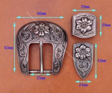 1" Vintage Silver Western Cowboy Ranger HandCraft Flower 3 Piece Set Belt Buckle
