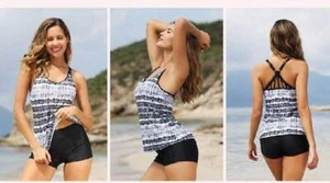 New Yonique Large Black White Geometric Tie Dye 2 Piece Tankini - Picture 1 of 8