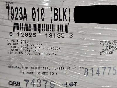Cable de red Belden 7923A 24/4P CAT5e DataTuff par unido CMR-CMX negro/50 pies Foto 1 de 4