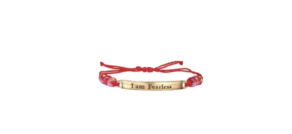 AVON I am "Fearless" Red/Goldtone Glass Beads & Inscribed Metal Bar on String