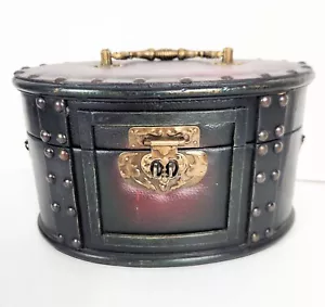 Oval Wooden Jewelry Trinket Box 9.5" Padded Leather Covered Hinged Lid Steampunk - Picture 1 of 9