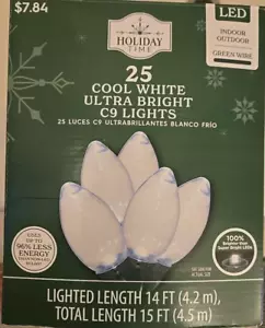 Holiday Time - 25 LED bianco freddo ultra luminoso C9 luci filo verde lungo 15 piedi - Foto 1 di 3