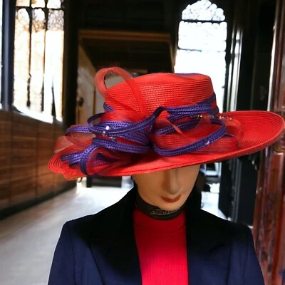 Scala, Mujer, Sombrero, Rojo, Paja, Lazo Morado Decorado, Con Pin Cuentas, Talla Única.: Foto 1 de 4