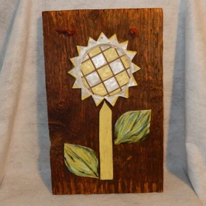 Vintage Signed A&J Crafts Canada Art Pottery Wood Sunflower Distressed Plaque - Picture 1 of 9