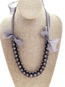 J. Crew Large Crystal Necklace & Bracelet Gunmetal & Gray Ribbon - Picture 1 of 9