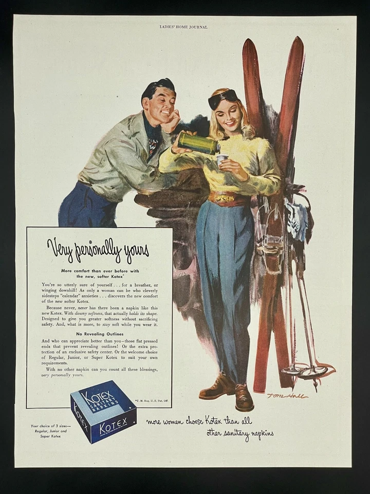 Original 1948 Mujer Descenso Esquí Moda, Anuncio Kotex, Juegos Olímpicos de Invierno, Gafas Foto 1 de 1