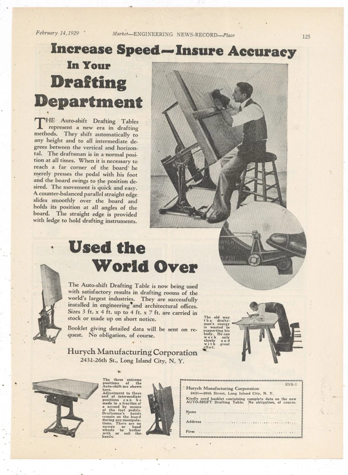 1920 Hurych Mfg. Co. Ad: Auto-Shift Drafting Table - Long Island City, New York - Image 1 of 1
