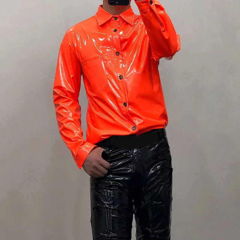 Men Shiny Faux Leather Shirt Long Sleeve Tops Blouse Party Showman Costume - Image 1 of 4
