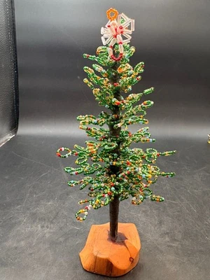 Vintage Beaded Christmas Tree w/ Angel Topper Wood Base Dollhouse Figurine - Image 1 of 4