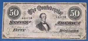 1864 $50 Fifty Dollars Note The Confederate States of America Richmond - Picture 1 of 10