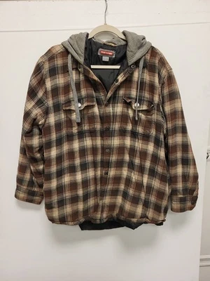 Craftsman мужской L/G коричневый клетку с капюшоном фланелевая рубашка Куртка Пальто большой серый капюшон - Изображение 1 из 4