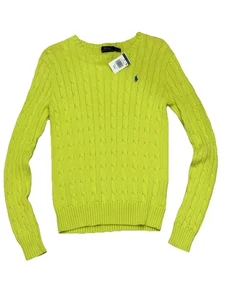 NWT Ralph Lauren Womens Neon Yellow Navy Pony Cable Knit Round Jumper M UK 10-12 - Picture 1 of 18