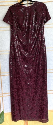 Lauren Ralph Lauren Modest Sz 14 Burgundy Sequined Formal Gown Short Sleeve - Image 1 of 4