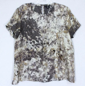 Eileen Fisher Gray Tidewater Printed 100% Silk Short Sleeve Career Blouse Small - Picture 1 of 5