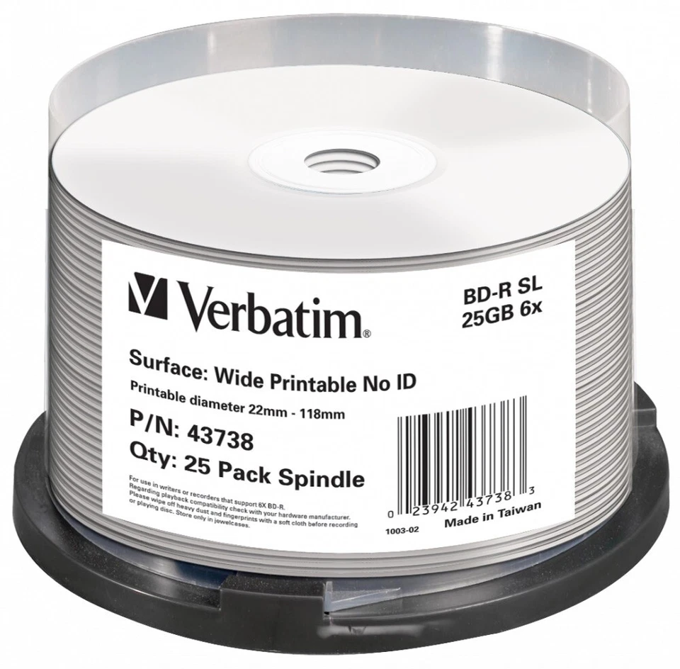 25 Pack Verbatim 43738 BD-R Single Layer 25GB 6X DL+ No-ID - Image 1 of 1