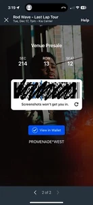 2 Rod Wave Concert Tickets For Orlando FL Kiacenter Dec 17 Section 214, Row 13 - Picture 1 of 6