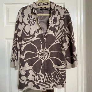 NIC+ZOE Seide & Baumwolle Strick Jacke Braun & Creme Botanisches Motiv 3-Knopf Large - Bild 1 von 5
