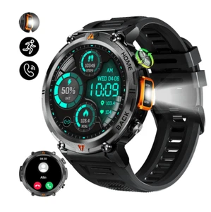 Black Smart Watch with LED Flashlight 1.45" HD Big Screen Outdoor Orange Light - Picture 1 of 11