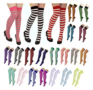 Women Stripe Over The Knee Socks Thigh High Girls Stretchy OTK Socks Fancy Dress - Picture 1 of 27