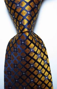 New Classic Checks Gold Dark Blue White JACQUARD WOVEN Silk Men's Tie Necktie - Picture 1 of 2