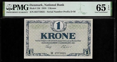 Denmark 1 Krone 1918 PMG 65 EPQ UNC  P# 12d  S/N Prefix D-M - Image 1 of 4