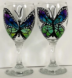 (2) Weingläser handbemalt Schmetterling handbemalt lila und grün 8 oz Stielwa - Bild 1 von 15