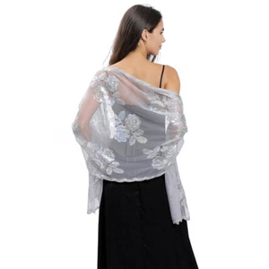 Women Peony Flower Sequins Embroidered Shawl Bride Wedding Evening Shawl Scarf - Picture 1 of 26